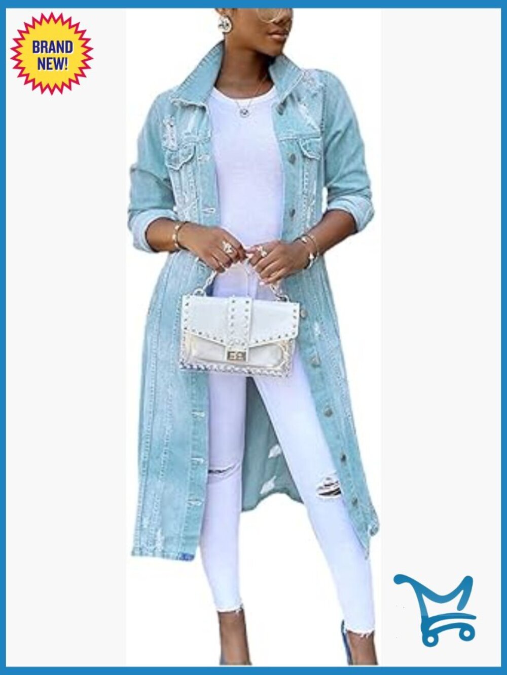 Distressed Midi Long Denim Trench Coat Jacket Over Knee Button Front Slim Fit